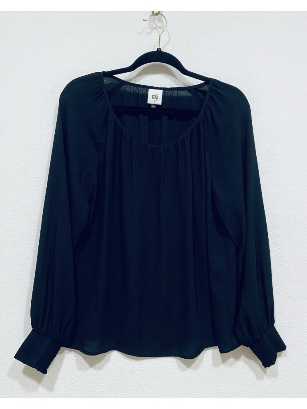 Cabi Top Womens Medium Black Round Trip Chiffon Minimalist Capsule Flowy Classic
